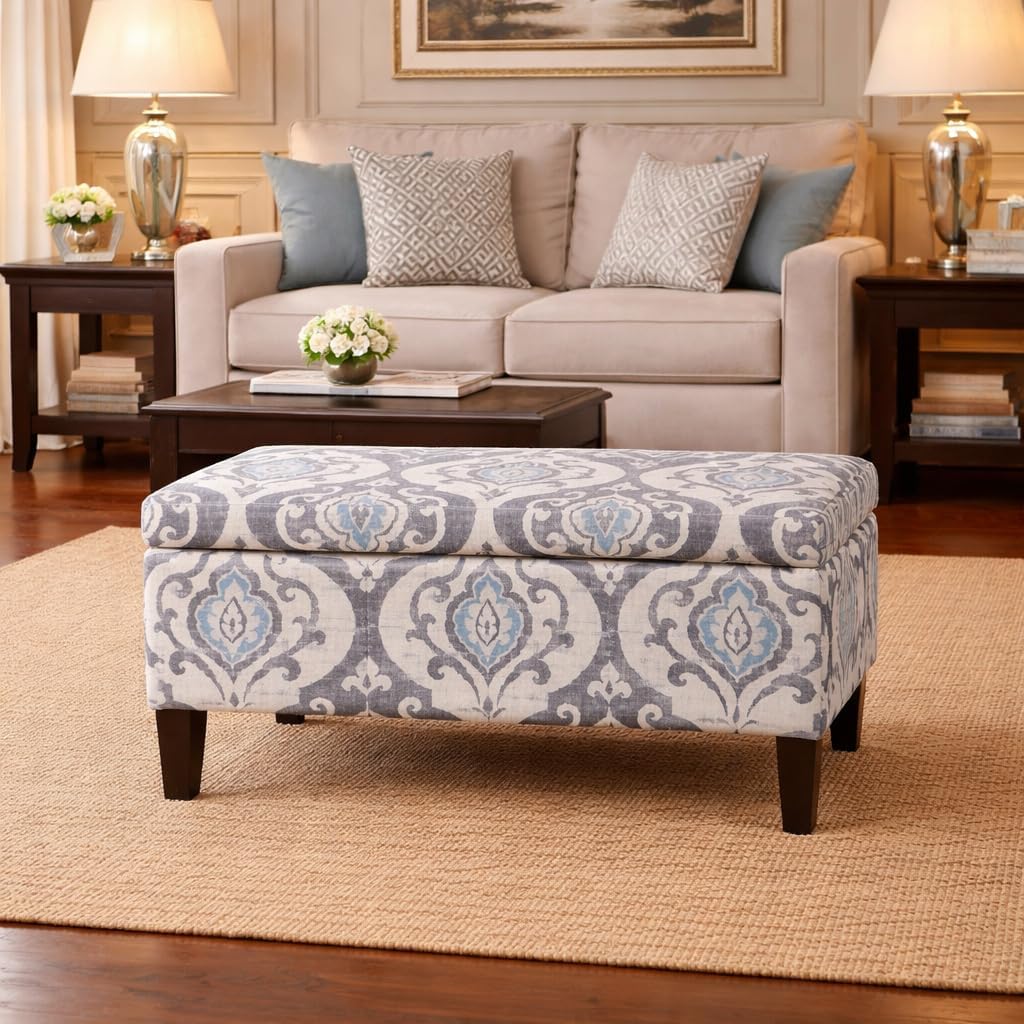 HomePop Large Upholstered Rectangular Storage Ottoman Bench with Hinged Lid, Slate Damask