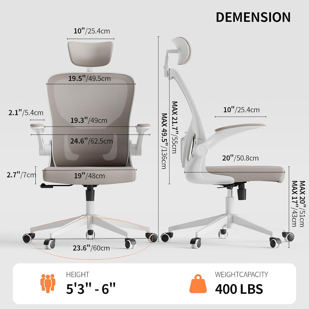 Office Chair Ergonomic Desk Chair with Lumbar Support&Headrest&Flip-up Arms Height Adjustable Rocking Swivel High Computer Chair Multi-Angle from 90° to 125° with 350LBS Capacity(White+Khaki-2)