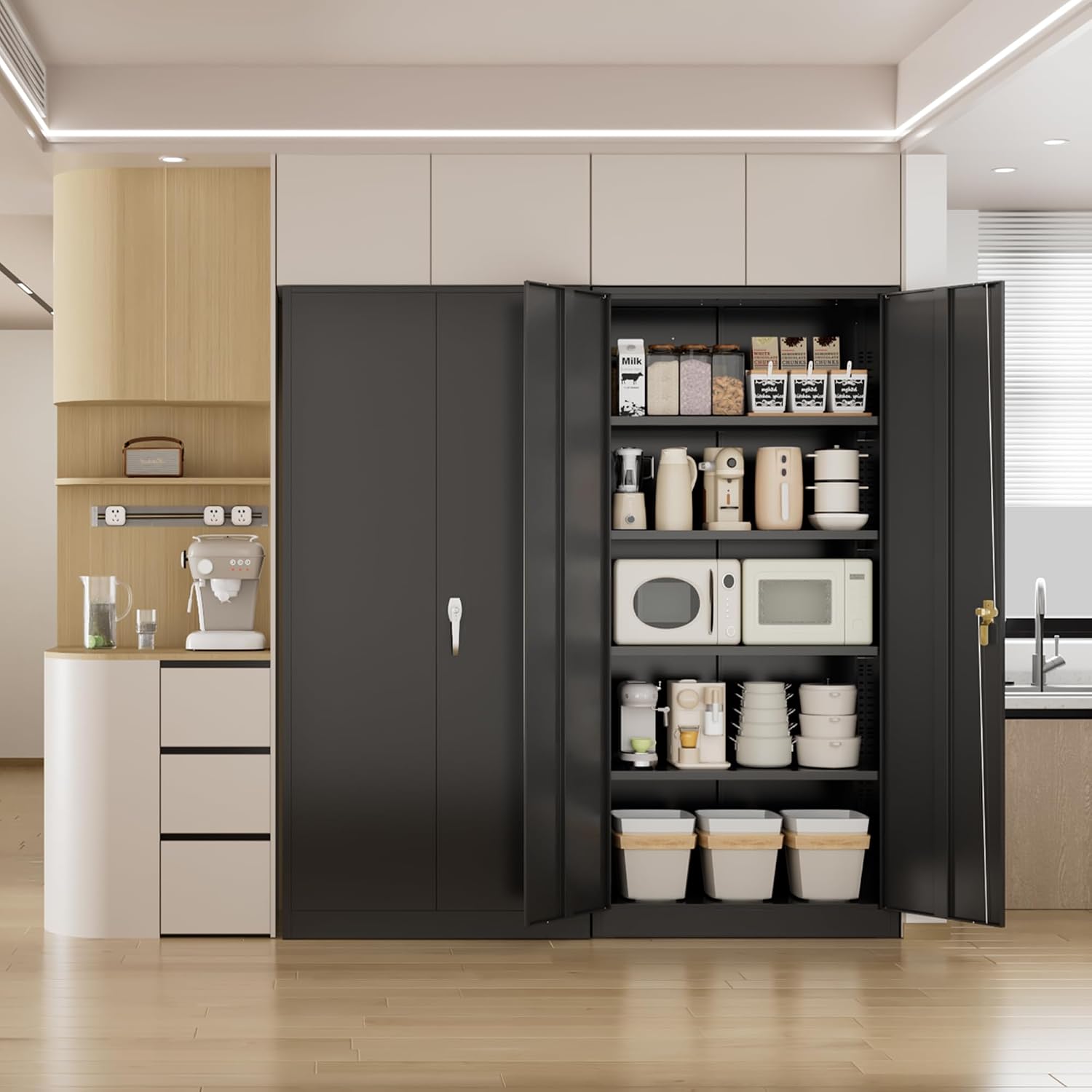Pataku Metal Storage Cabinet, 72' Garage Cabinet with Doors and Shelves Lockable Steel Multifunctional Cabinets, Black File Cabinets for Home, Office, Garage, Warehouse(Black)