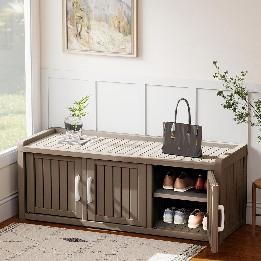 Rovibek Indoor Outdoor Shoe Storage Cabinet for Entryway - Outdoor Shoe Storage Bench Weatherproof with 3 Barn Doors, Waterproof Cabinet for Outside, Porch, Patio, Foyer, Hallway, Grey
