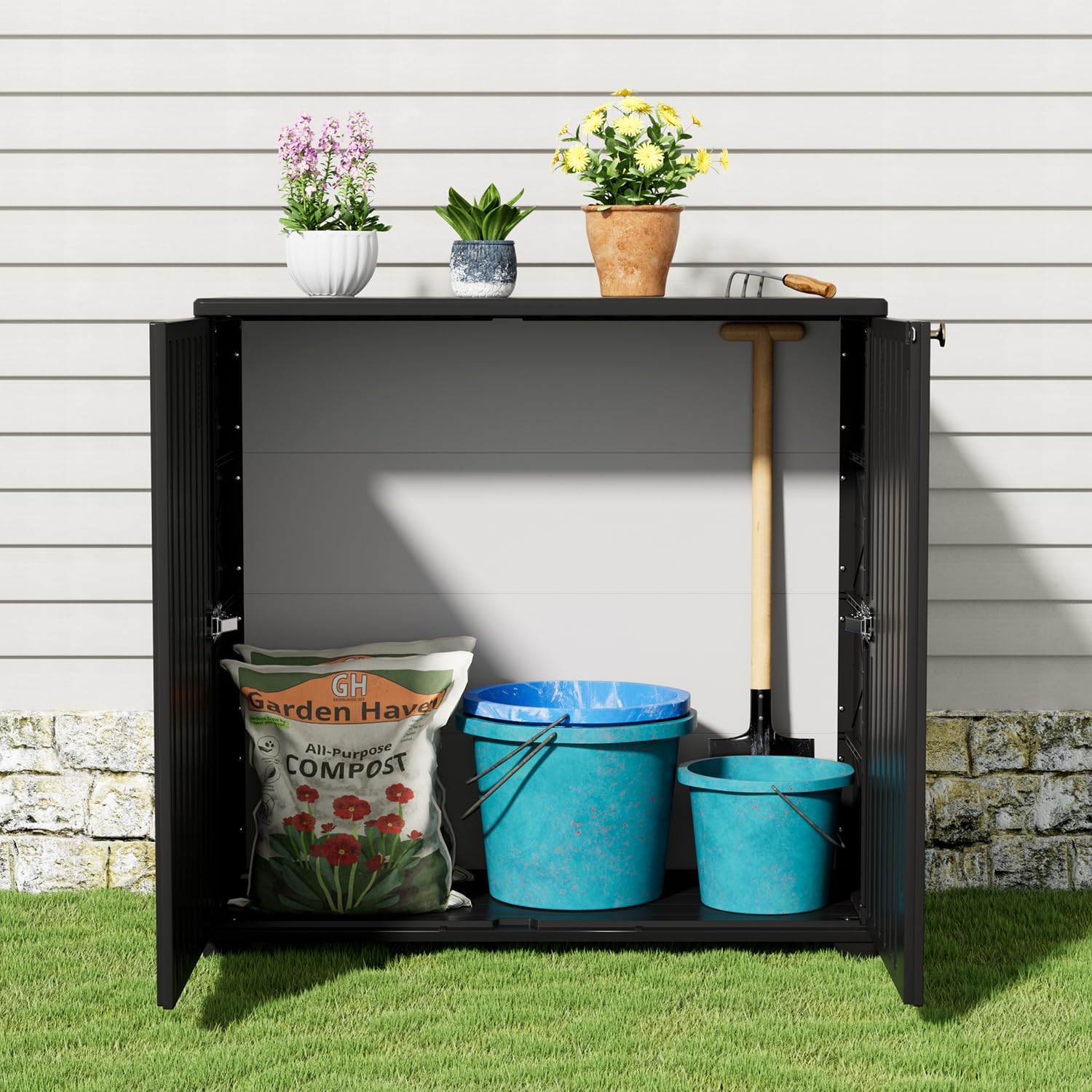 KINYING Outdoor Storage Cabinet Waterproof, 60 Gallon Resin Outdoor Storage Shed for Patio/Garden/Backyard, Outdoor Storage Box for Cushions,Garden Tools and Pool Supplies(Black W/O Shelving)