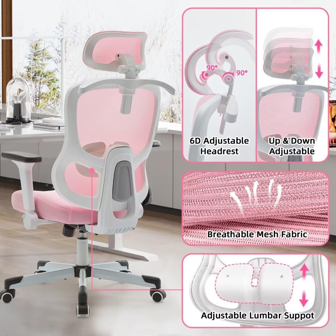 Ergonomic Office Chair Big Tall Reclining Gaming Chair Adjustable Lumbar Support 6D Armrest 6D Headrest Breathable Mesh Swivel Computer Chairs Home Task Desk Chair Wheels Coat Hanger Tilt Lock Pink
