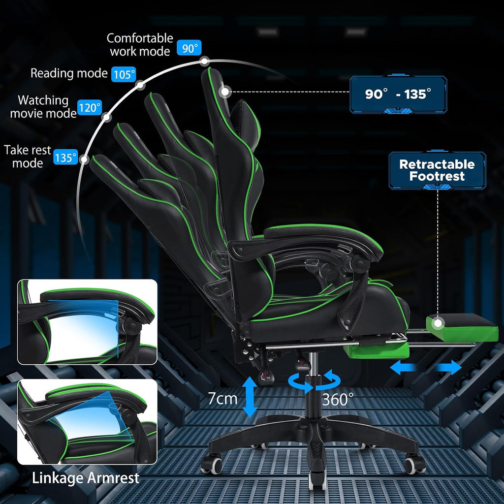 HOFFREE Massage Gaming Chair for Kids Computer Gamer Chair with Footrest and Lumbar Support Reclining PC Game Chair with Headrest for Gaming Room Green and Black