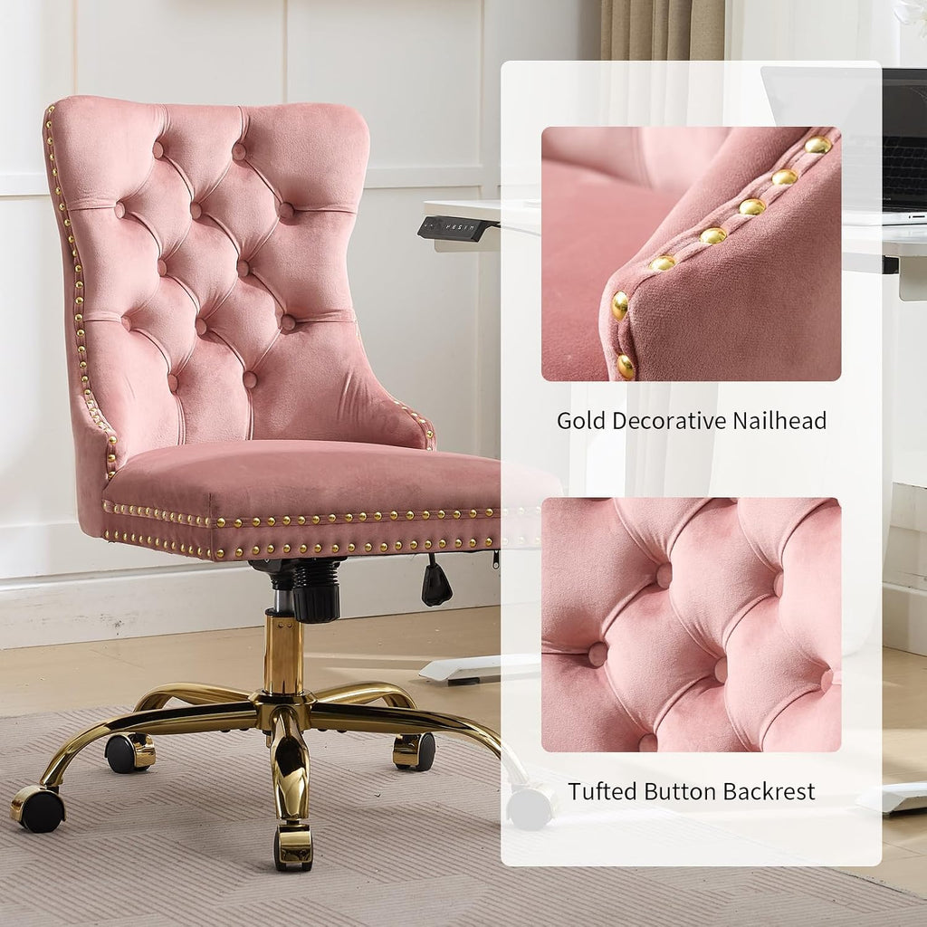 Pink Velvet Home Office Desk Chair with Wheels & Gold Base, Comfy Makeup Vanity Chair with Tufted Back for Women Girls, Upholstered Adjustable Swivel Armless Office Chair for Bedroom, Pink