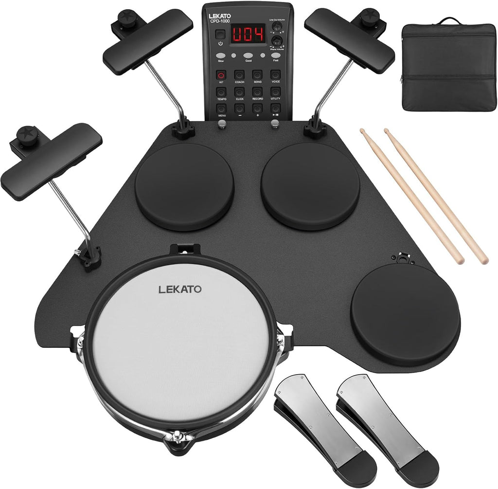 LEKATO CPD-1000 Electronic Drum Set with Quiet Mesh Pads, Portable Electric Drum Set, 220+ Sounds, USB MIDI, 2 Robust Footswitch, Sticks, Travel Bag
