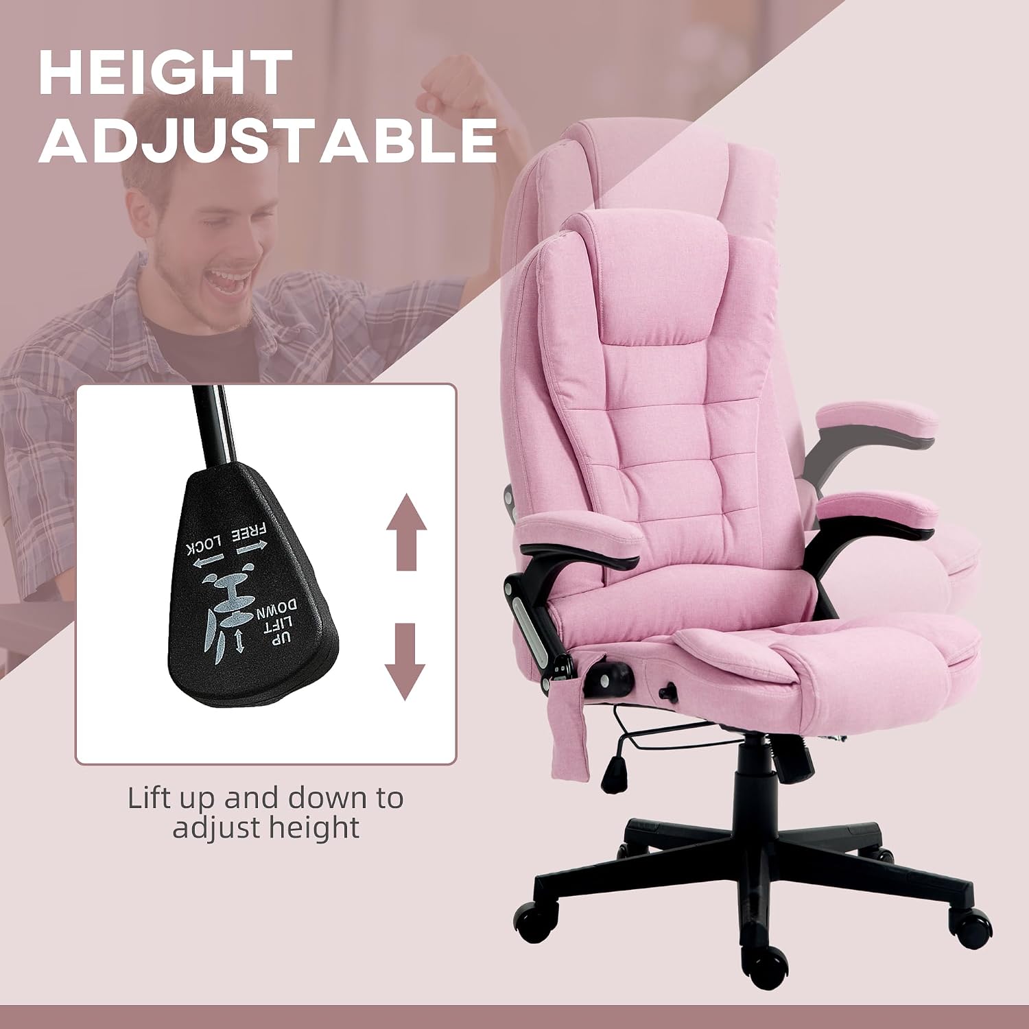 Vinsetto 6 Point Vibrating Massage Office Chair with Heat, Linen High Back Executive Office Chair with Reclining Backrest, Padded Armrests and Remote, Pink
