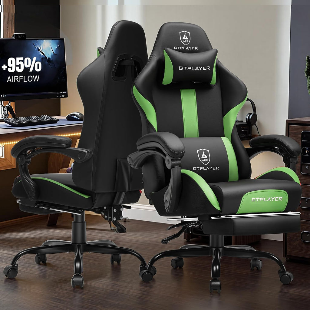 GTPLAYER Gaming Chair with Foot Rest & Pocket Spring Cushion, Ergonomic High Back Computer Chair with Headrest & 360°-Swivel Seat for Home Office Desk, PU Leather, Vivid Green