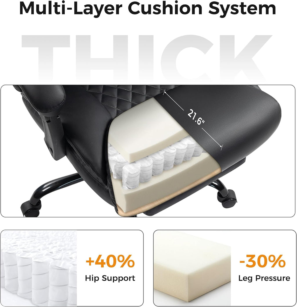 Office Chair, Executive High Back Leather Home Office Desk Chair with Footrest & Lumbar Support - Ergonomic Reclining Comfortable Wide Swivel Rolling Gaming Computer Chair 90-135° Adjustable Tilt Lock