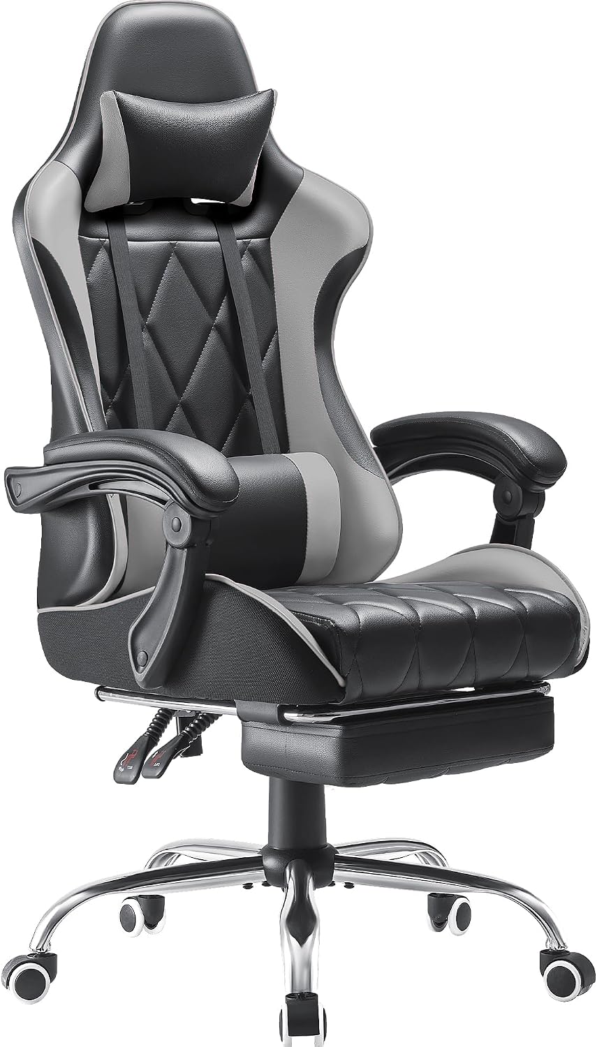 Shahoo Gaming Chair with Footrest and Massage Lumbar Support, Ergonomic Computer Seat Height Adjustable with 360°Swivel and Headrest, Grey1