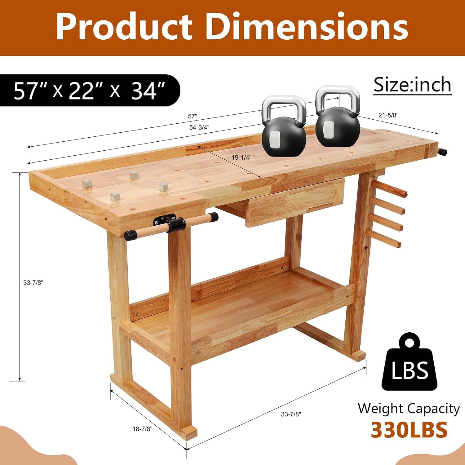 55' Rubber Wood Workbench, Heavy Duty Work Bench with Drawer & Shelf, Work Bench Table for Garage, Workshop, Home Storage, Woodworking Bench, 330 lbs Weight Capacity (55')