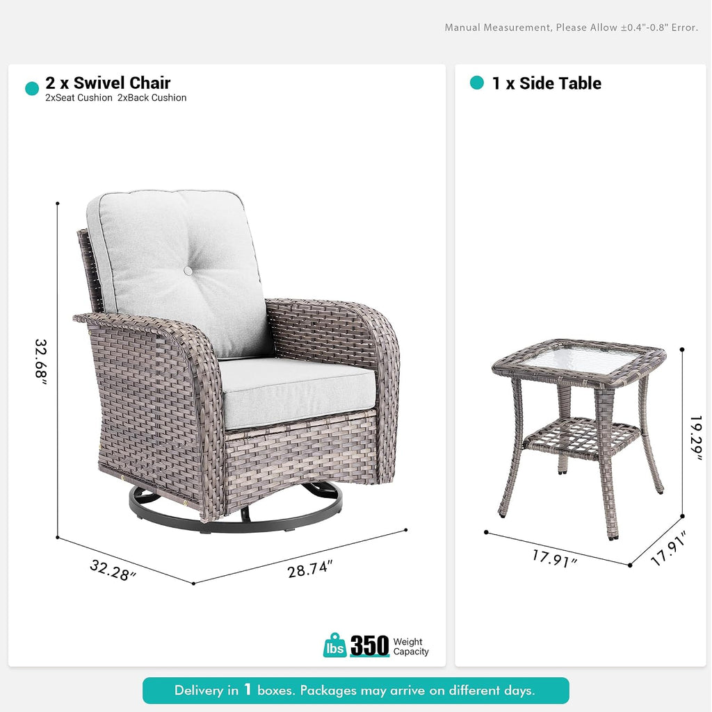 Wicker Rocking Chair Swivel Chairs - 3 Piece Rocker Glider Patio Chairs Set Rattan Rocking Chair for Outdoor Porch Deck Garden Backyard,Grey