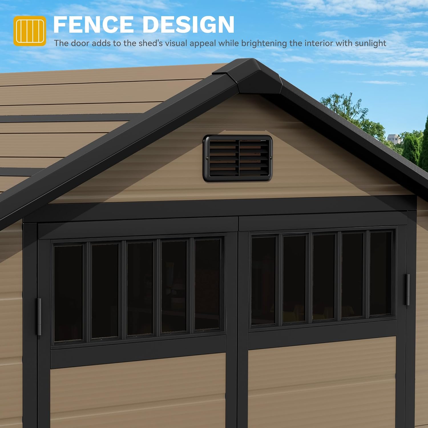DWVO 6x4.4 FT Resin Storage Shed with Fence-Style and Side Windows, Lockable Door, and Vents for Garden, Backyard, Patio, Lawn, Brown
