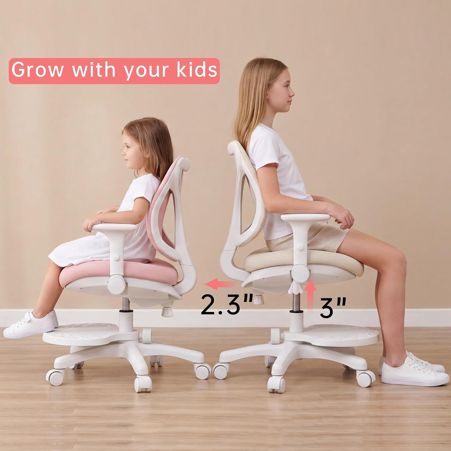 Desk Chair, Ergonomic Study Chair for Kids with Lumbar Support and Footrest, Adjustable Height, Flip-Up Armrests, Mesh Student Chair with Adjustable backrest, Model Deer (Pink)