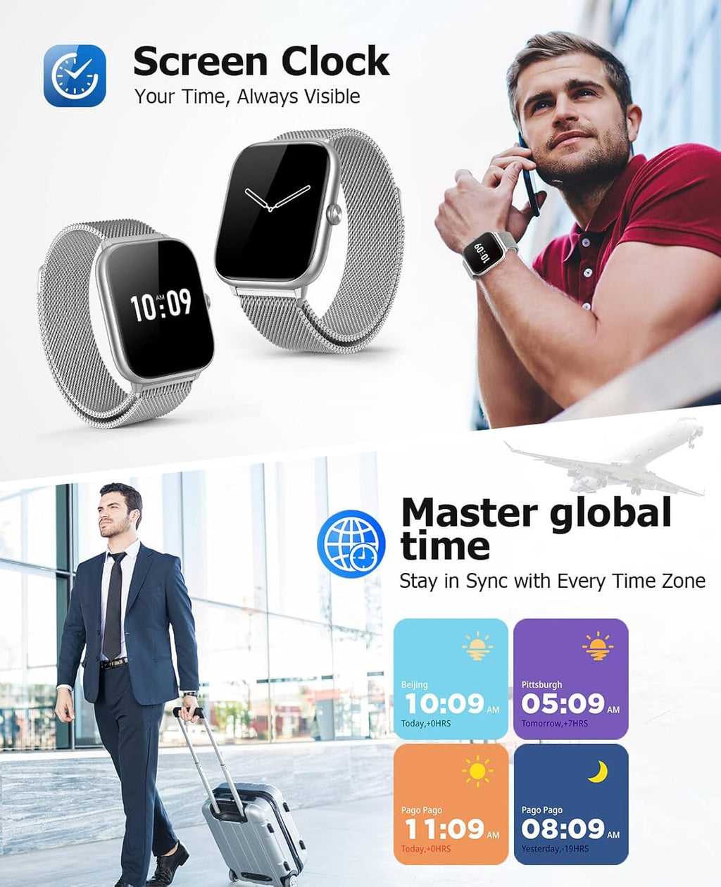 Silver Smart Watch for Men Women with Blood Pressure Monitor, 2.06' AMOLED Display, Metal IP68 Waterproof Fitness Tracker, 118 Sports, Heart Rate/SpO2/Sleep, Tech Gift, Android iPhone Compatible