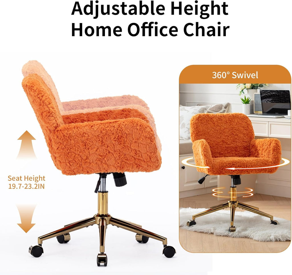 Faux Fur Makeup Vanity Chair, Comfy Fuzzy Home Office Chair with Wheels & Gold Base, Upholstered Adjustable Swivel Desk Chair for Teens Girls Women Home Office, Orange
