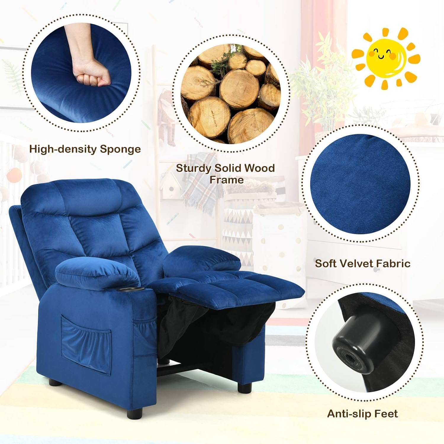 HOMGX Children's Recliner Chair, Velvet Material, Leisure Lounge Chair w/Side Pockets and Footrests, Ergonomically Adjustable Sofa Furniture, Suitable for Living Room (Blue)
