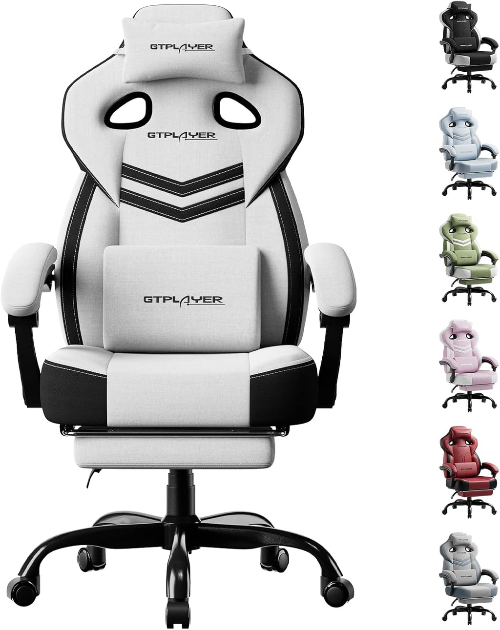 GTPLAYER Gaming Chairs for Adult - Ergonomic Big & Tall Gaming Seat with Footrest & Lumbar Support, Comfortable Office Chair 90-155° Reclining - Heavy Duty Wide Computer Seat, White Grey