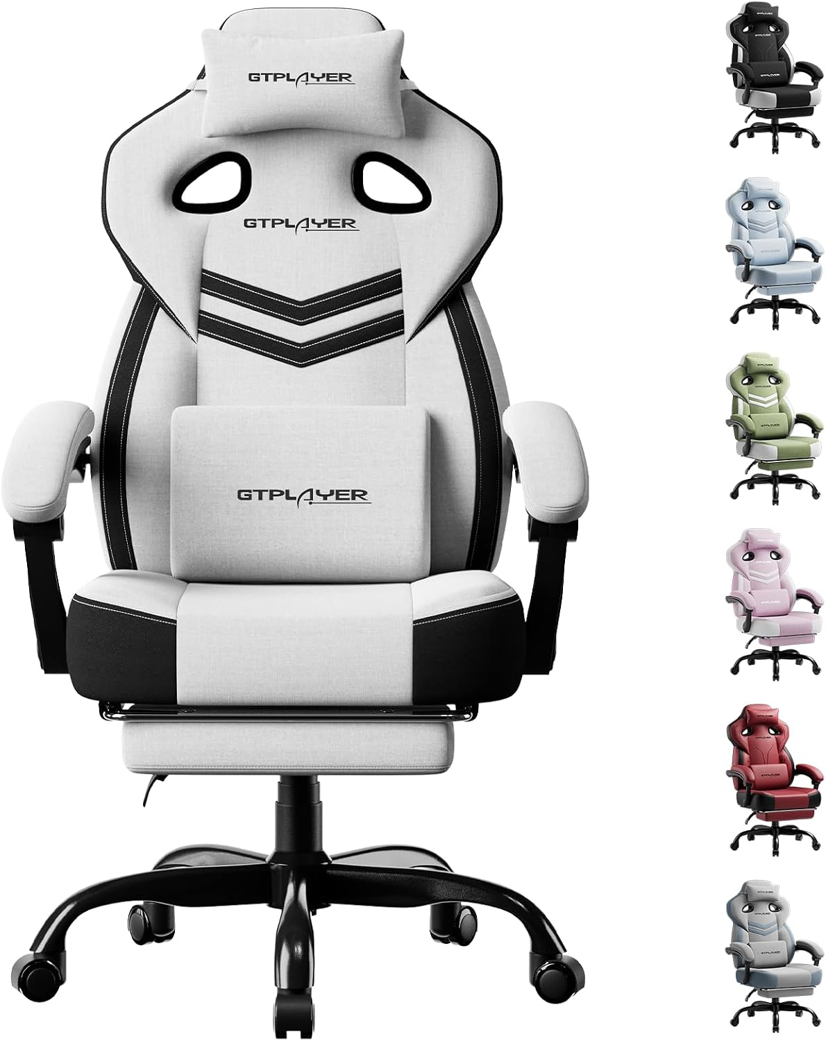 GTPLAYER Gaming Chairs for Adult - Ergonomic Big & Tall Gaming Seat with Footrest & Lumbar Support, Comfortable Office Chair 90-155° Reclining - Heavy Duty Wide Computer Seat, White Grey