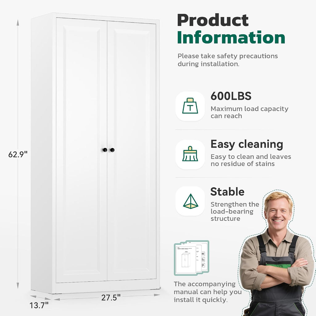 Greenvelly Metal Cabinet, 63' H White Metal Storage Cabinet with Doors and 4 Shelves, Pantry Storage Cabinet for Kitchen, Bedroom, Living Room, Office (Modern)