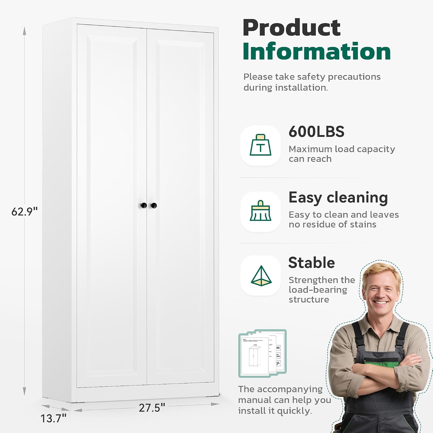 Greenvelly Metal Cabinet, 63' H White Metal Storage Cabinet with Doors and 4 Shelves, Pantry Storage Cabinet for Kitchen, Bedroom, Living Room, Office (Modern)