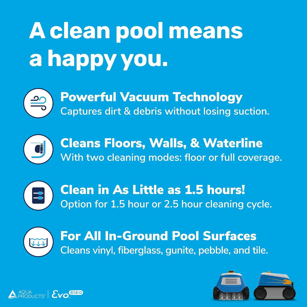 Aqua Products Evo614iQ Robotic Pool Cleaner, Automatic Vacuum for Inground Pools with 60ft Swivel Cable, Smart App, WiFi, Wall Climbing Vac w/Strong Suction & Easy to Clean Top Loading Filter