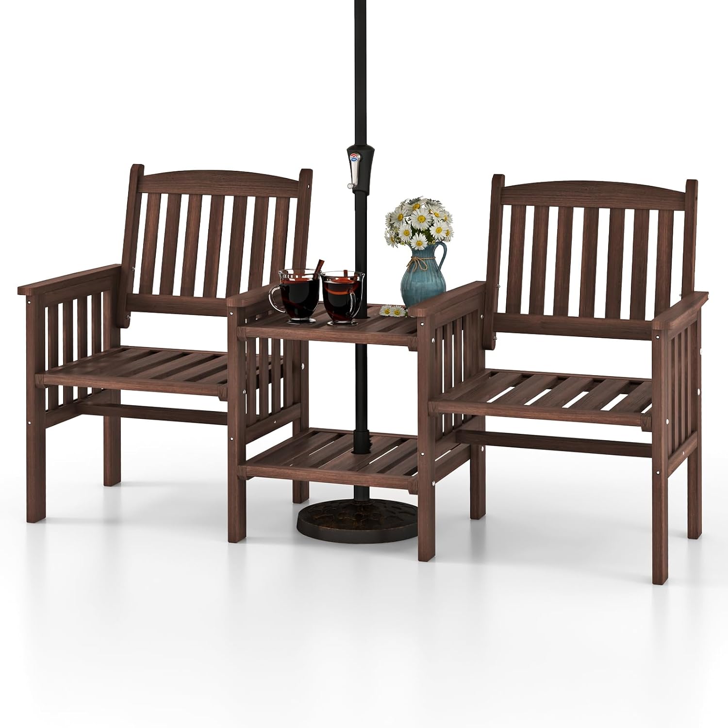 Tangkula Outdoor Fir Wood Loveseat with 2-Tier Side Table and Umbrella Hole, 2-Seater Patio Garden Bench with Armrests and Slatted Seats, Outdoor Table and Chairs Set for Porch and Balcony