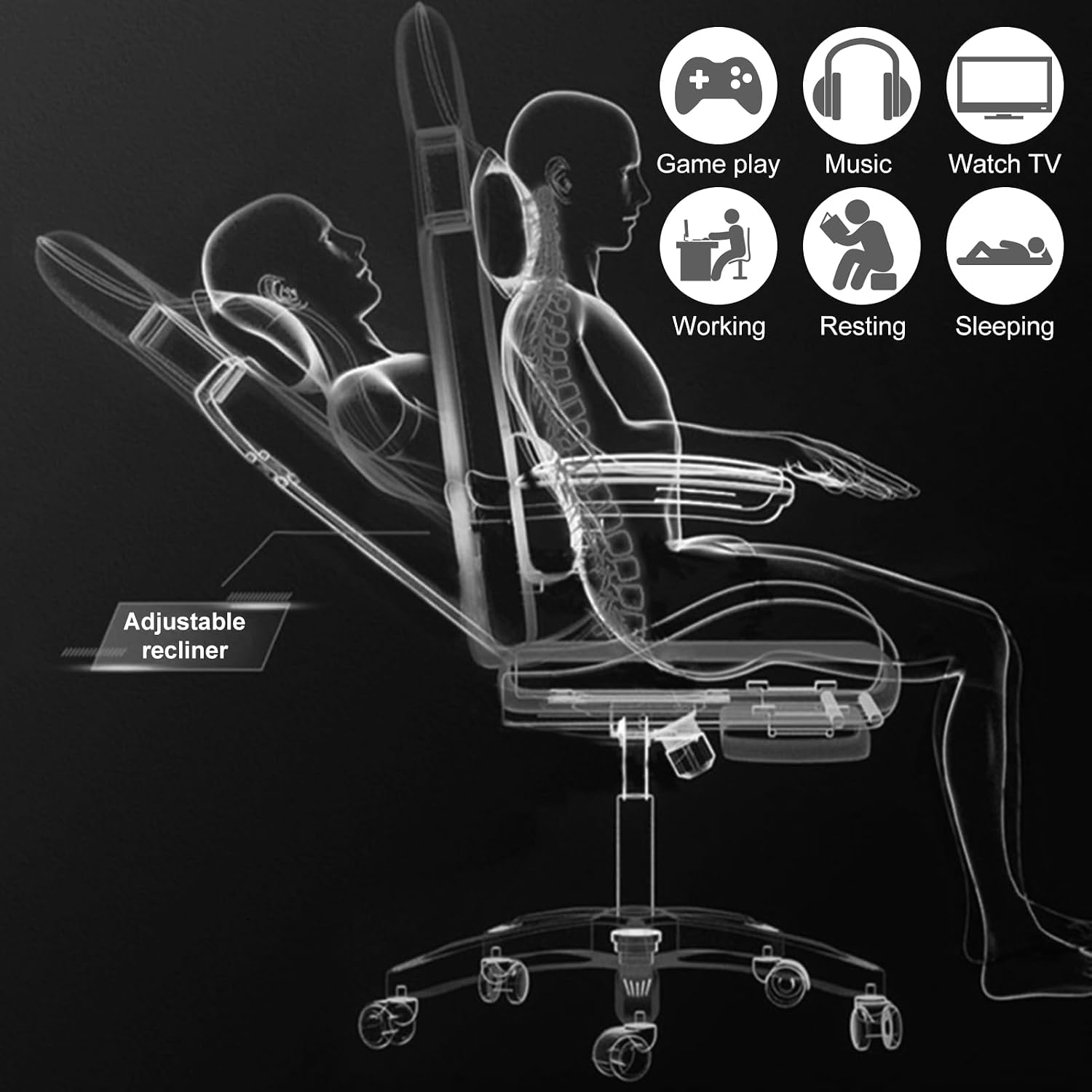 Gaming Chair, Massage Gaming Chair with Bluetooth-Compatible Speakers and RGB LED Lights, Ergonomic Computer Gaming Chairs with Footrest Height Adjustable Height Adjustable Black & Red