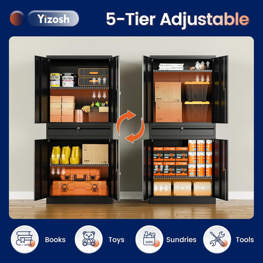 Yizosh Metal Garage Storage Cabinet with Locking Doors and Adjustable Shelves, 71' Tool Storage Cabinet with 1 Drawer for Garage,Warehouse (Black)
