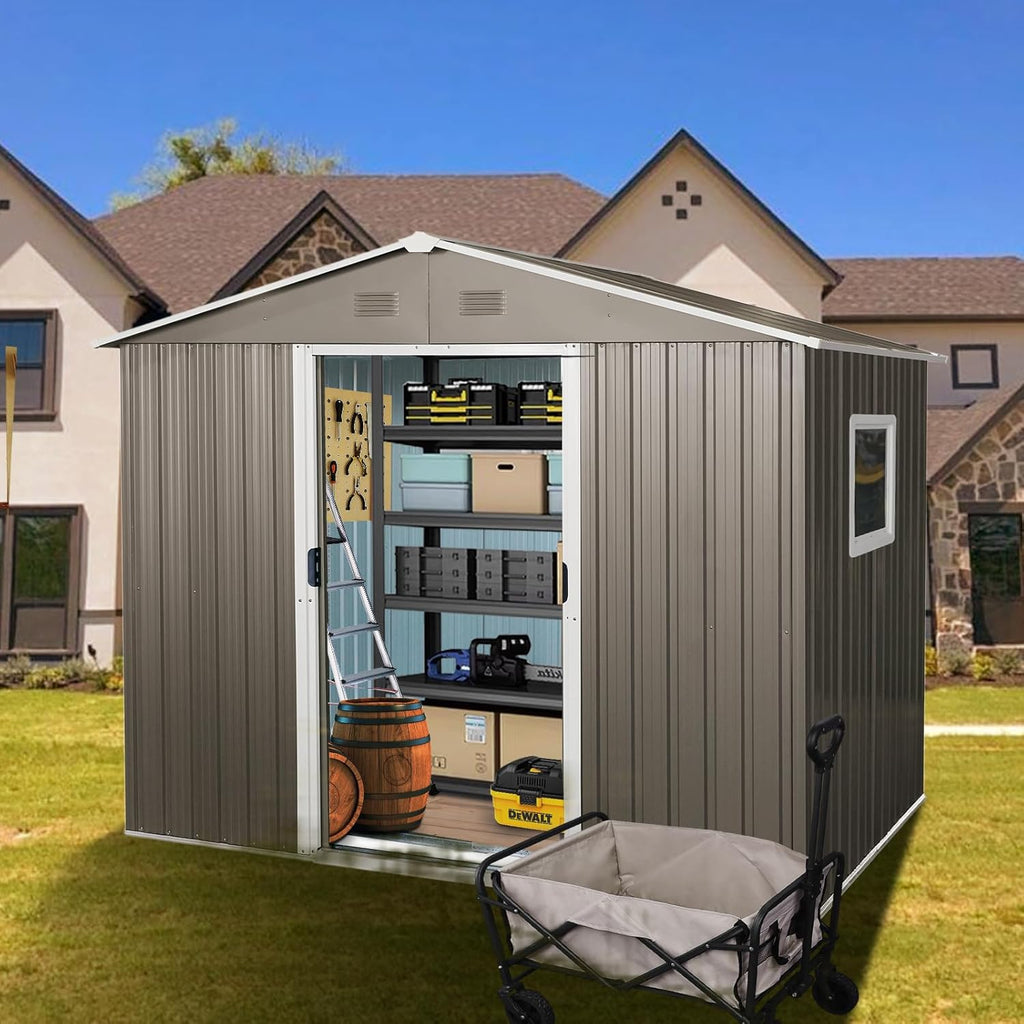 KEIKI 8x6 FT Outdoor Metal Storage Shed with Peaked Roof,Vents,Window and Metal Foundation for Garden Yard Lawn
