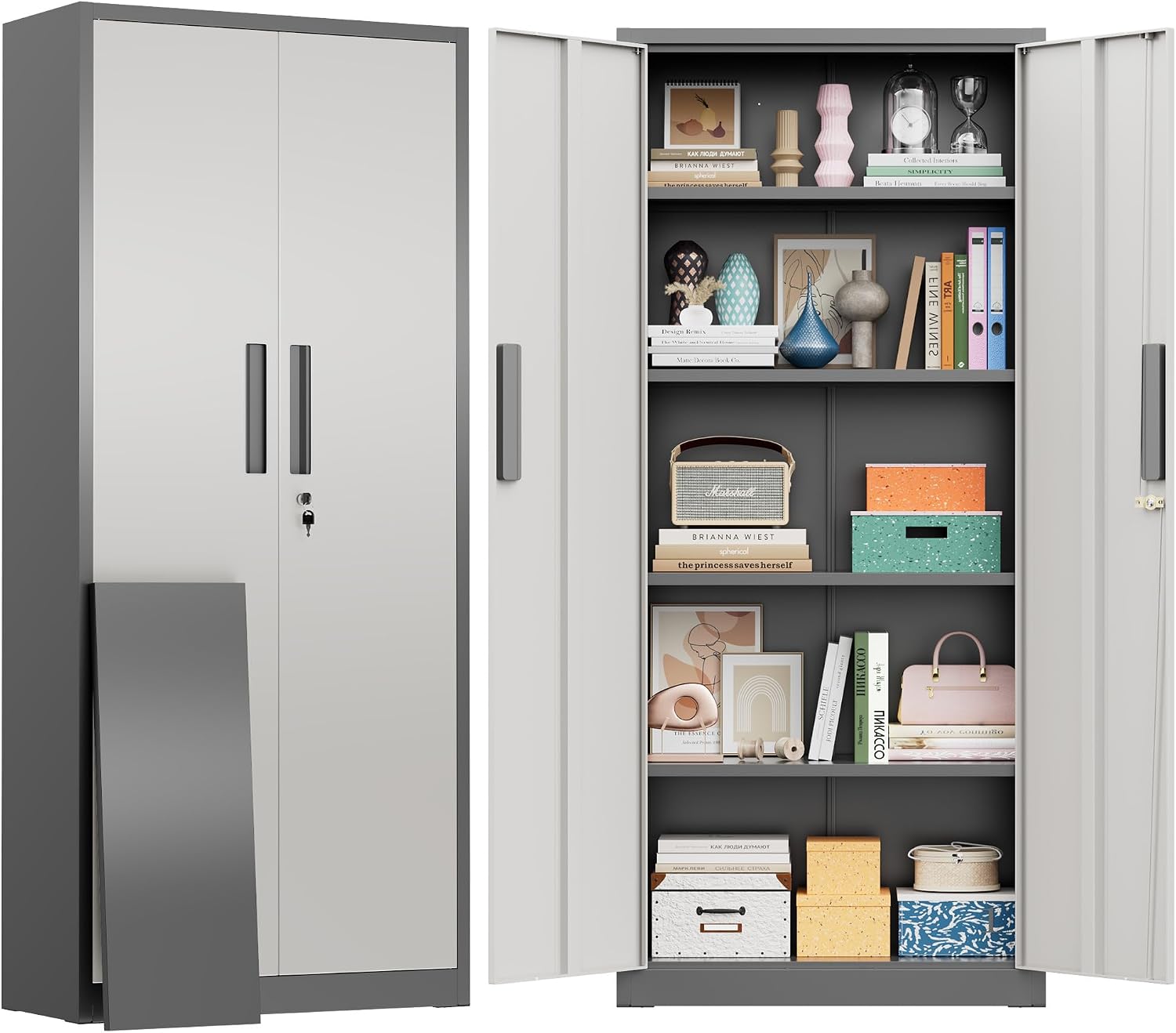 Greenvelly Metal Storage Cabinet, 63' H Locking Metal Storage Cabinet with Doors and 4 Shelves, Lockable Steel Cabinets for Kitchen, Bedroom, Living Room, Office (White Grey)
