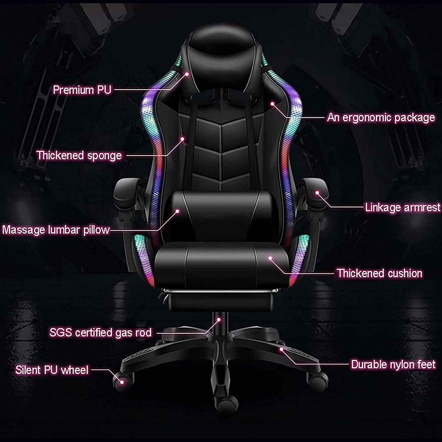 Gaming Chair with Bluetooth Speakers, Video Game Chairs Gaming Lights- Ergonomic Massage Gaming Chair Full Massage Lumbar Support Adjustment of Backrest Dual Gaming Chair…