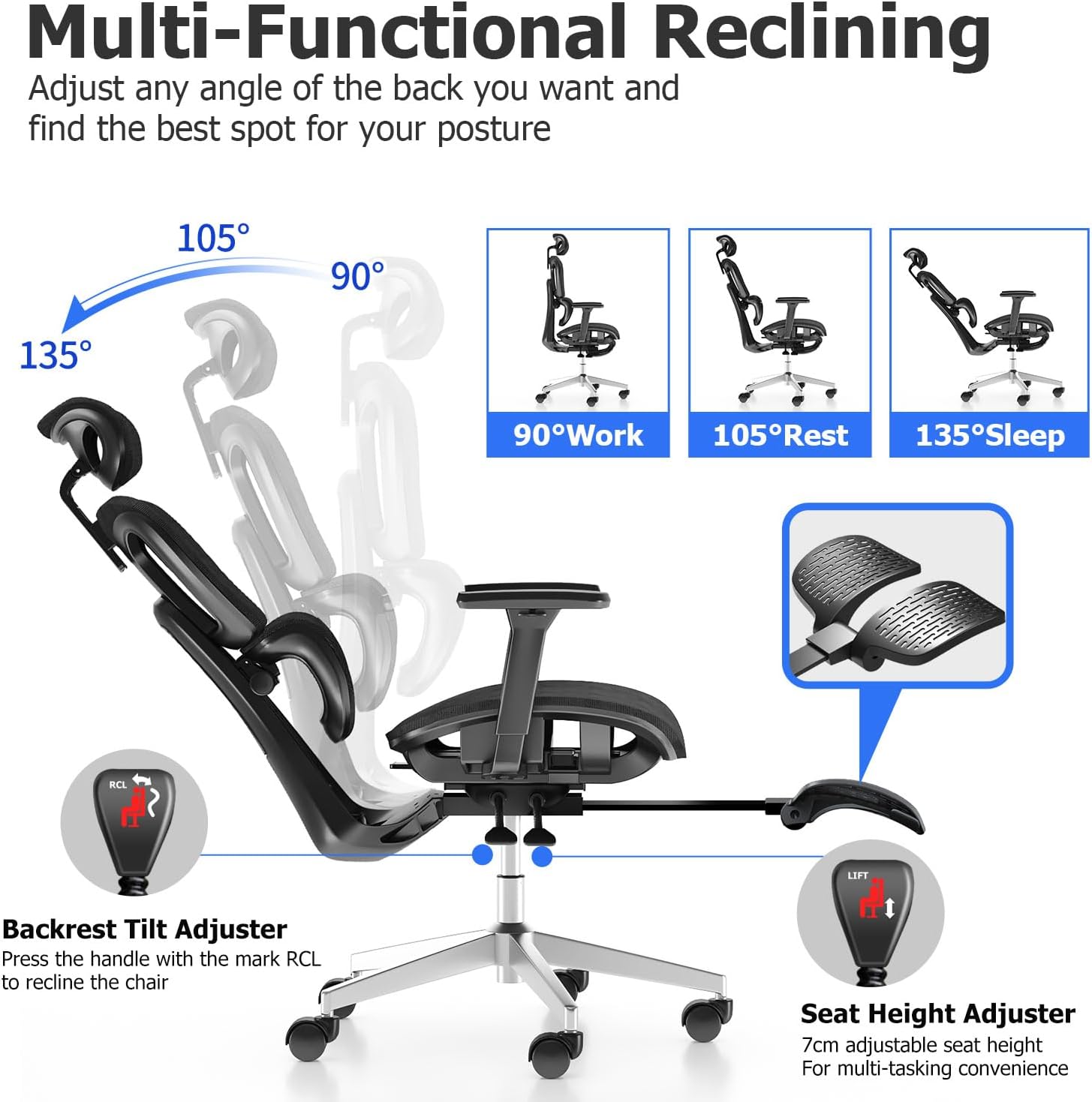 PatioMage Ergonomic Office Chair with Footrest, Big and Tall Desk Chair with Adjustable Lumbar Support, Seat Depth & 3D Armrests, High Back Mesh Computer Chair for Home Office, Black