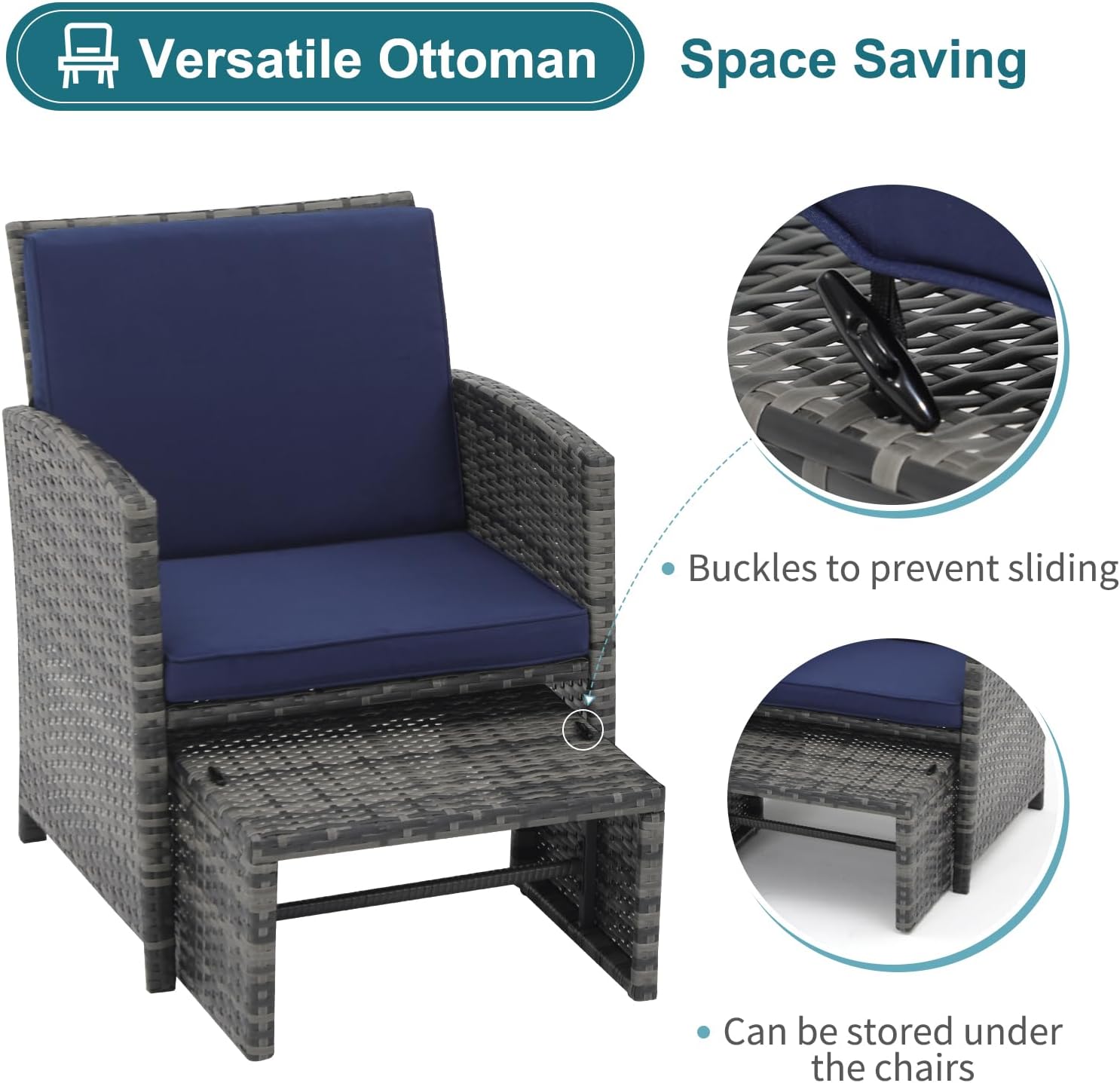 OC Orange-Casual 6 Piece Patio Furniture Conversation Set with Ottoman, Outdoor Grey Wicker Chair and Table Set, Balcony Furniture for Apartments, Navy Blue