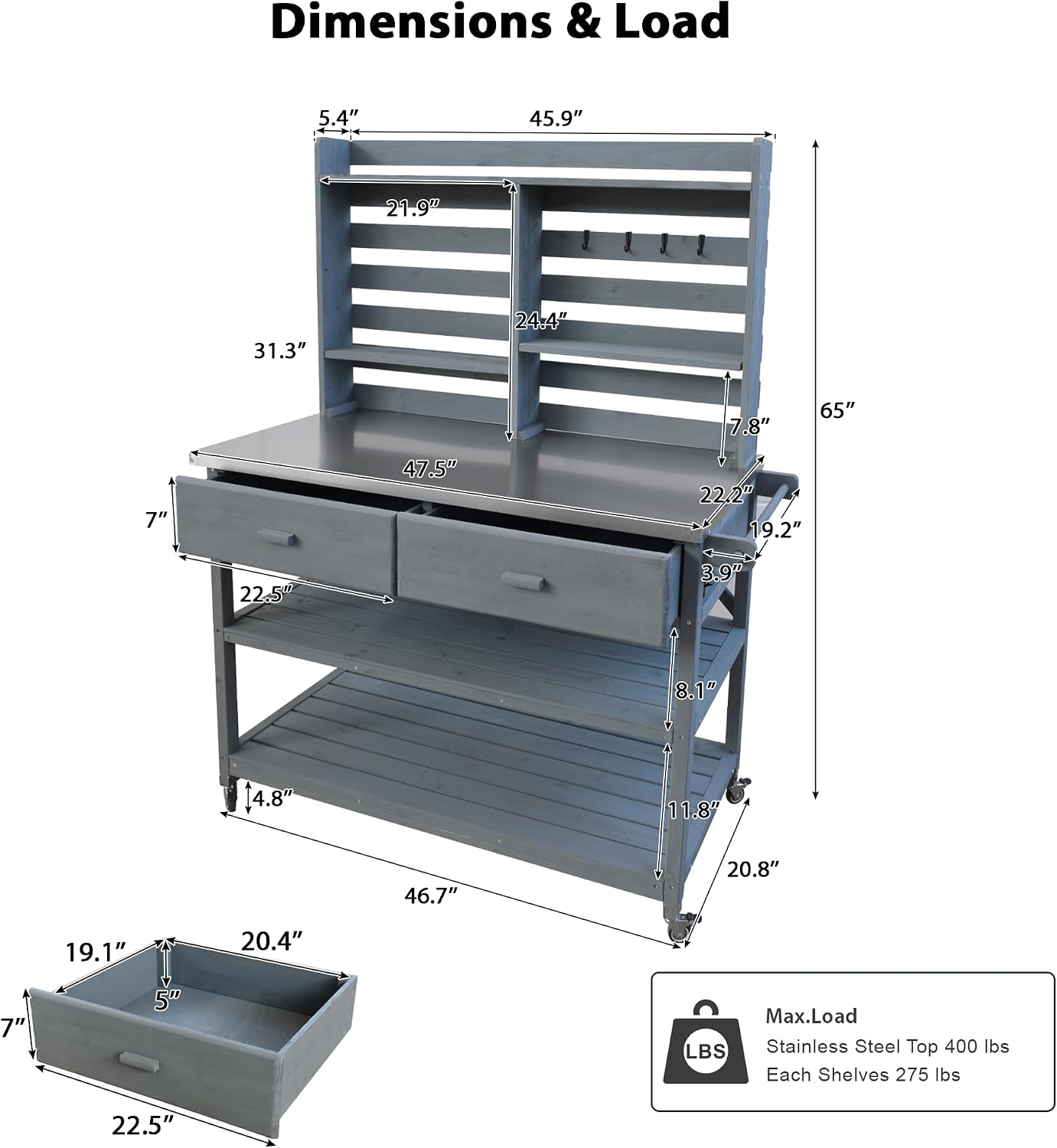 Outdoor Potting Bench Table on Wheels, Solid Wood Storage Island Gardening Workbench with Upper Hutch, Stainless Steel Top, Towel Rack for Outside Garden, Patio, Greenhouse, Gray Blue