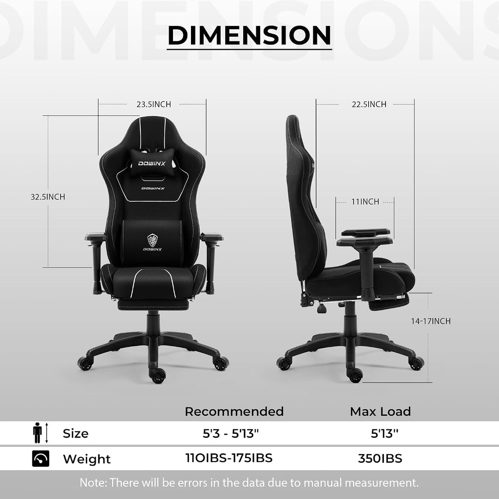 Dowinx Gaming Chair with Massage Lumbar Support Footrest, Fabric Computer Gamer Chair with Pocket Spring Cushion Adjustable Comfortable Game Office Chair 300lbs for Adult Teens Black