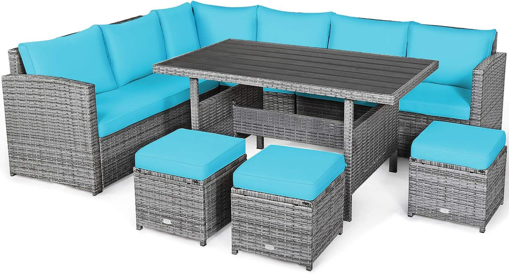 Tangkula 7 Pieces Patio Furniture Set, Outdoor Sectional Rattan Dining Sofa Set with Cushions, All Weather Wicker Conversation Couch Set with Dining Table & Ottomans for Yard Garden Poolside