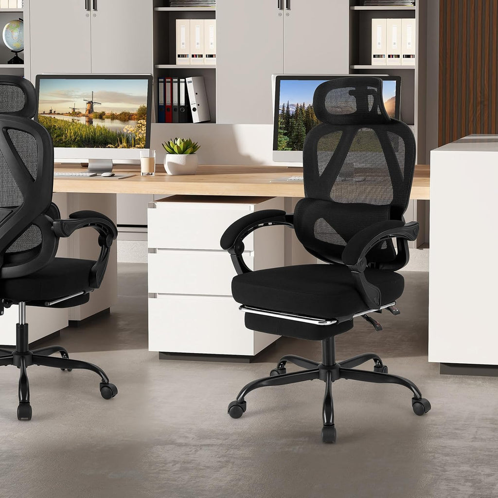 Giantex Mesh Office Chair, Ergonomic Desk Chair with Retractable Footrest, 135° Tilting Backrest, Adjustable Headrest & Lumbar Support, Padded Armrest, Computer Chair with High Back for Home Office