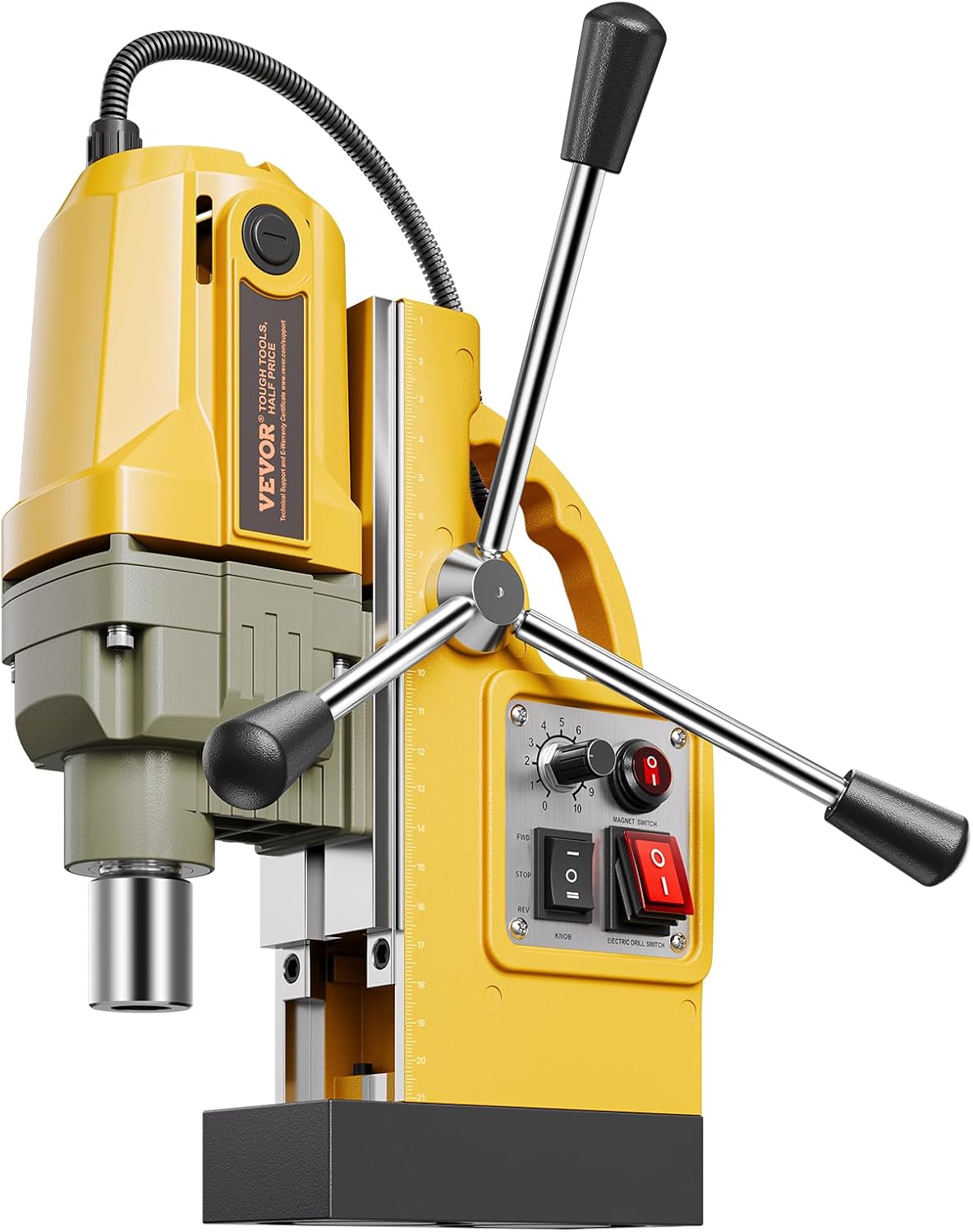 VEVOR Magnetic Drill, 1200W Motor 1.6 in Boring Diameter, 2810 lbf Electric Mag Drill Press, with 2 Coring Bits, Variable Speed, Drilling Machine for Metal Surface, Home Improvement Industry, Yellow