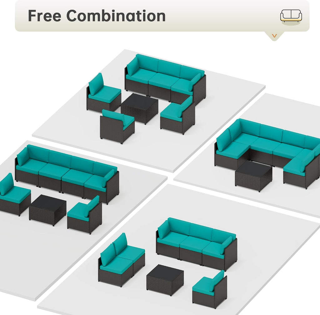 LHBcraft 7 Piece Patio Furniture Set, Outdoor Furniture Patio Sectional Sofa, All Weather PE Rattan Outdoor Sectional with Cushion and Coffee Table