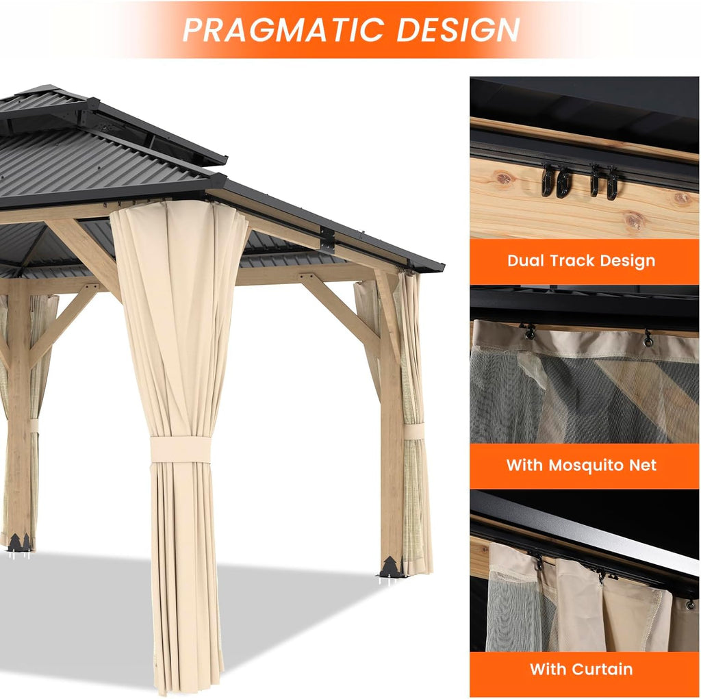 Outdoor Wooden Gazebo - Outdoor Patio Gazebo with Galvanized Steel Double Roof, Cedar Wooden Frame Pavilion, Pergolas for Garden, Lawn, Poolside (13X15FT)