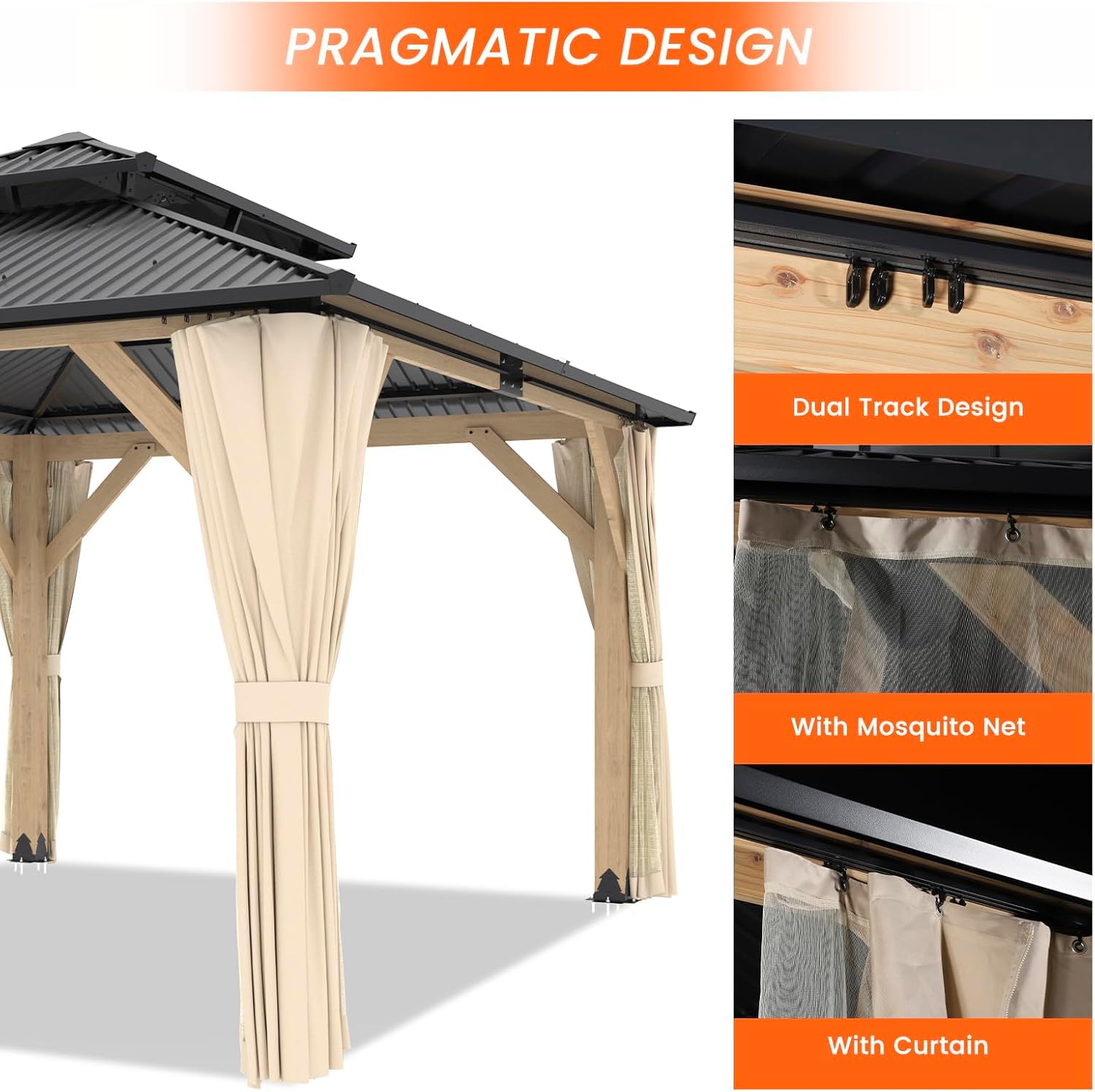 Outdoor Wooden Gazebo - Outdoor Patio Gazebo with Galvanized Steel Double Roof, Cedar Wooden Frame Pavilion, Pergolas for Garden, Lawn, Poolside (13X15FT)