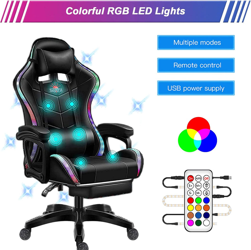 LED Gaming Chair with Speakers, Massage Computer Chair Ergonomic Racing Office Chair PU Leather Recliner Swivel Gamer Chair with Lumbar Support Headrest Armrest and Footrest,Red