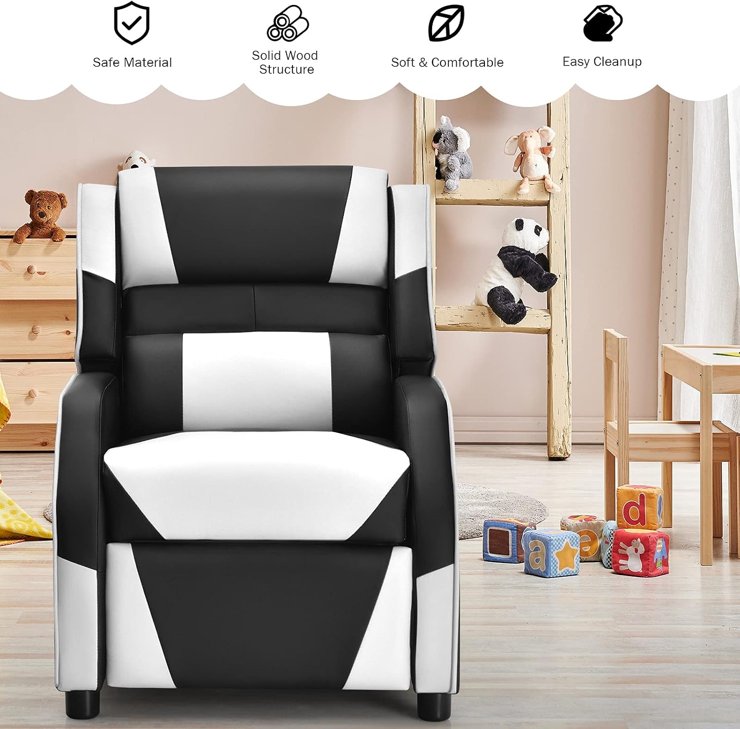 ARLIME Kids Recliner, PU Leather Kid Lounge Chair w/Footrest, Armrest, Headrest & Lumbar Support, Adjustable Gaming Toddler Sofa Armchair for Boys Girls (White)