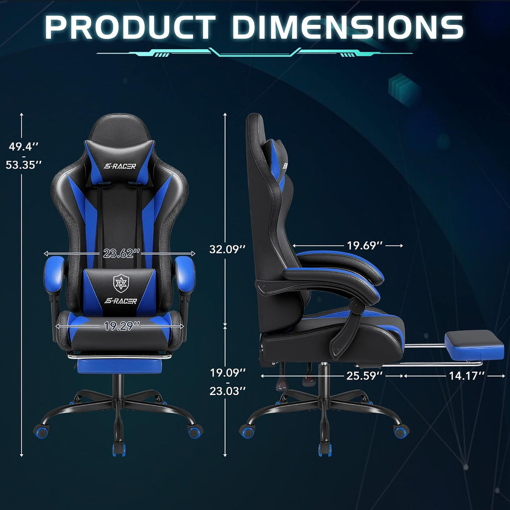 Homall Gaming Chair with Massage & Footrest, Ergonomic Computer Office Chair, High-Back Racing Style Reclining Chair with Adjustable Lumbar Support, PU Leather for Adults (Blue)