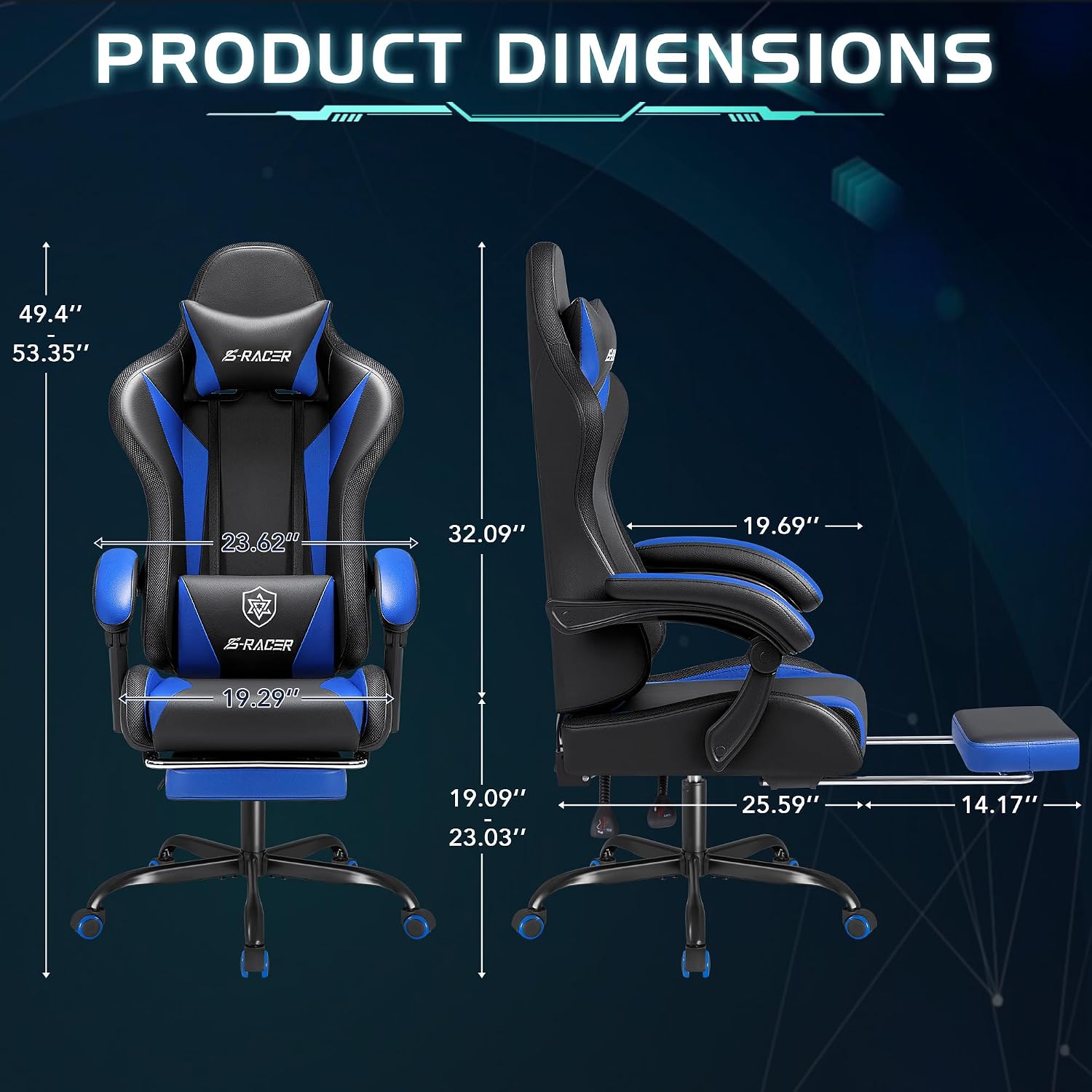 Homall Gaming Chair with Massage & Footrest, Ergonomic Computer Office Chair, High-Back Racing Style Reclining Chair with Adjustable Lumbar Support, PU Leather for Adults (Blue)