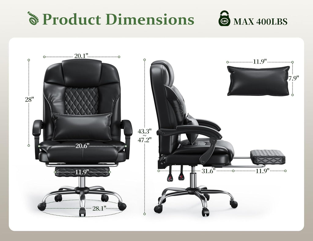 Big and Tall Office Chair 400lbs - Executive Ergonomic Desk Chair with Footrest, High Back Reclining Leather Chair with Lumbar Support for Home Office, Black