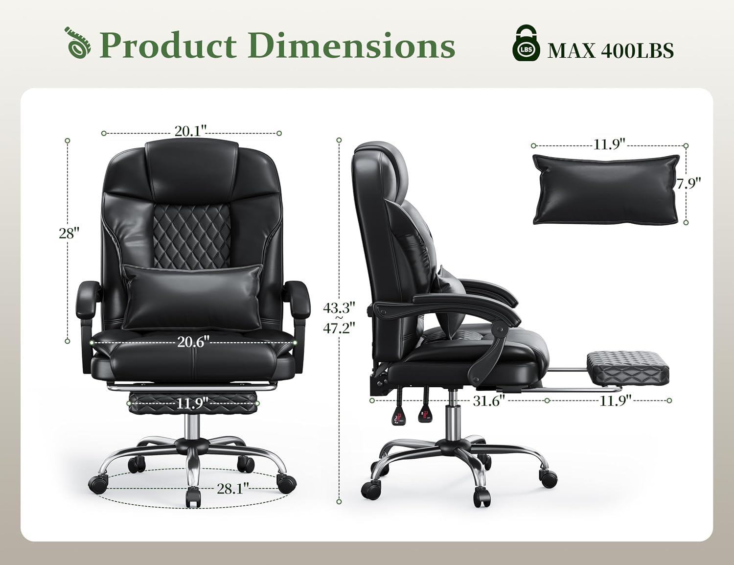 Big and Tall Office Chair 400lbs - Executive Ergonomic Desk Chair with Footrest, High Back Reclining Leather Chair with Lumbar Support for Home Office, Black