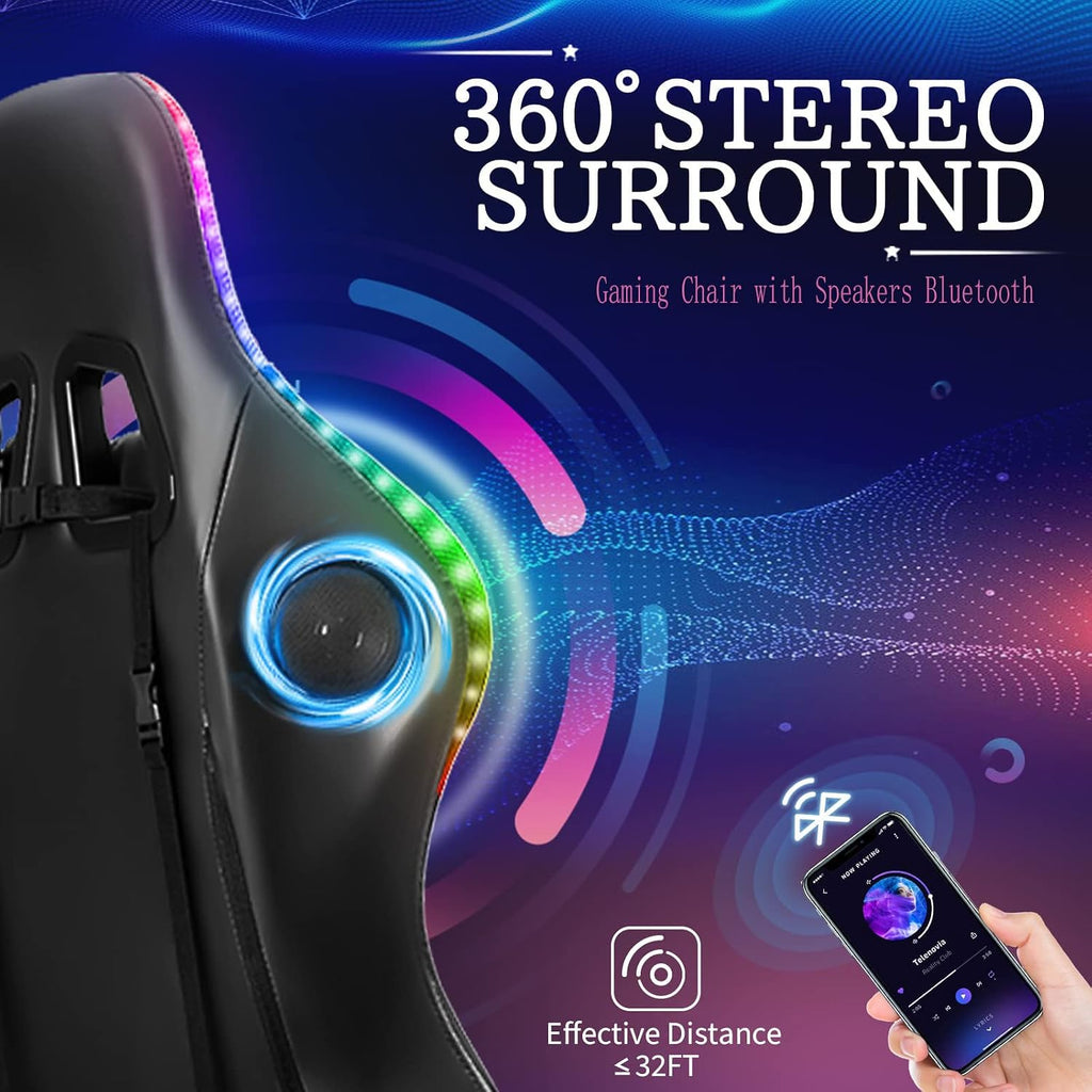 Massage Gaming Chairs for Heavy People Adults, Gaming Chair with RGB LED Lights and Dual Speakers,Ergonomic Reclining Office Desk Computer Chair with Footrest and Lumbar Support,Red