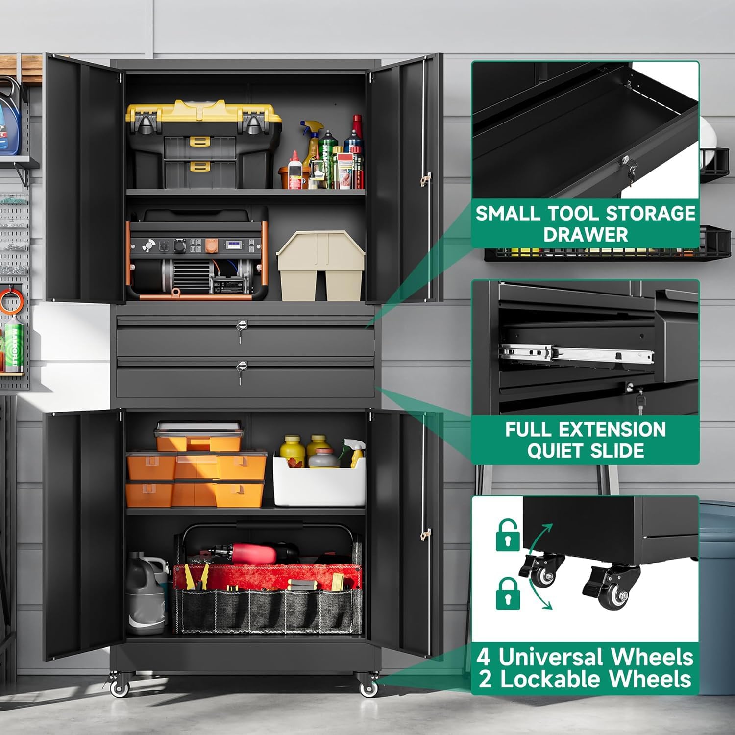 Letaya Metal Garage Storage Cabinet with Wheels,Rolling Tool Cabinet with 4 Door Lock-Adjustable Shelves and 2 Drawer for Garage Home Office Utility Room (Black with Wheels)