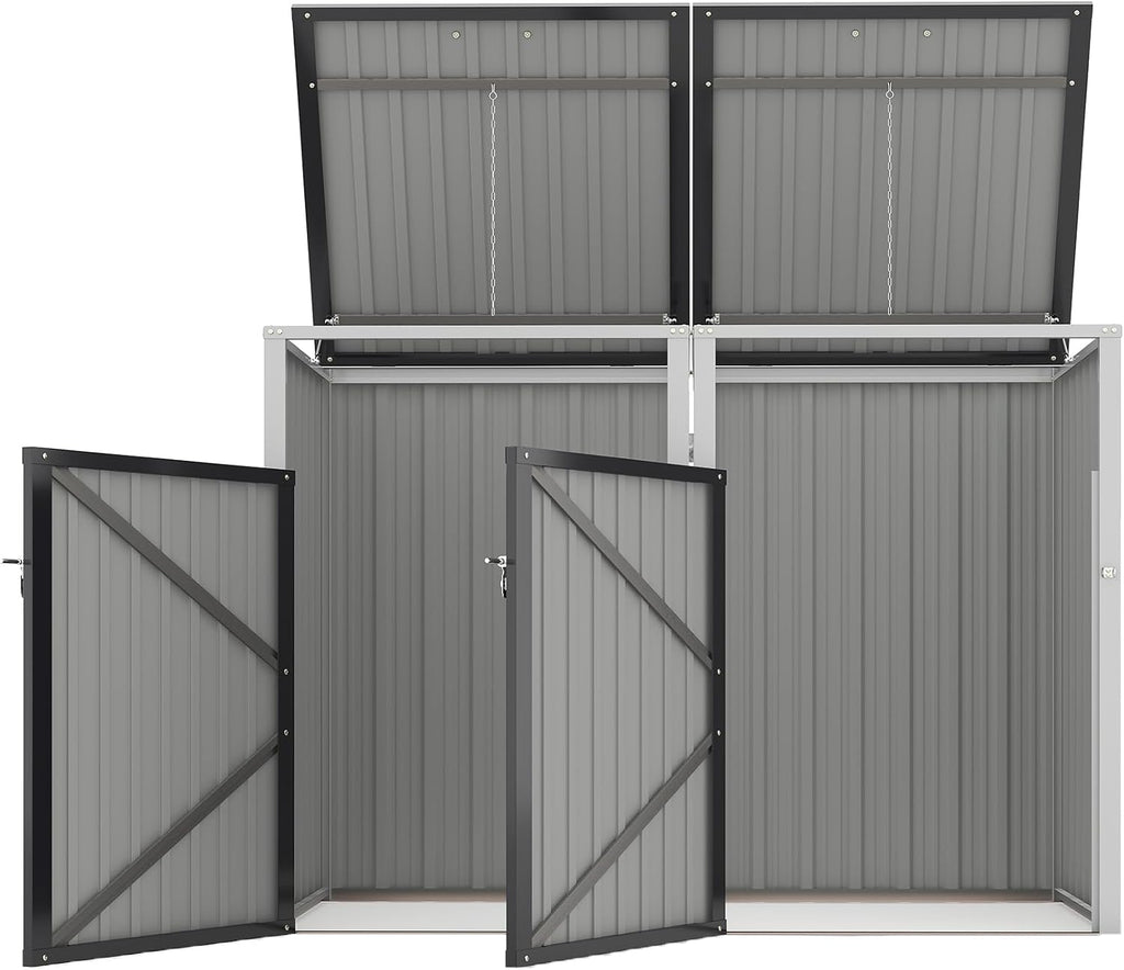 Montary 54 CU.FT Metal Outdoor Garbage Bin Storage Shed with Chain Lid, Waterproof Trash Can Organizer for 2 Bins, Garden Tools for Garden Yard Lawn, Dark Grey